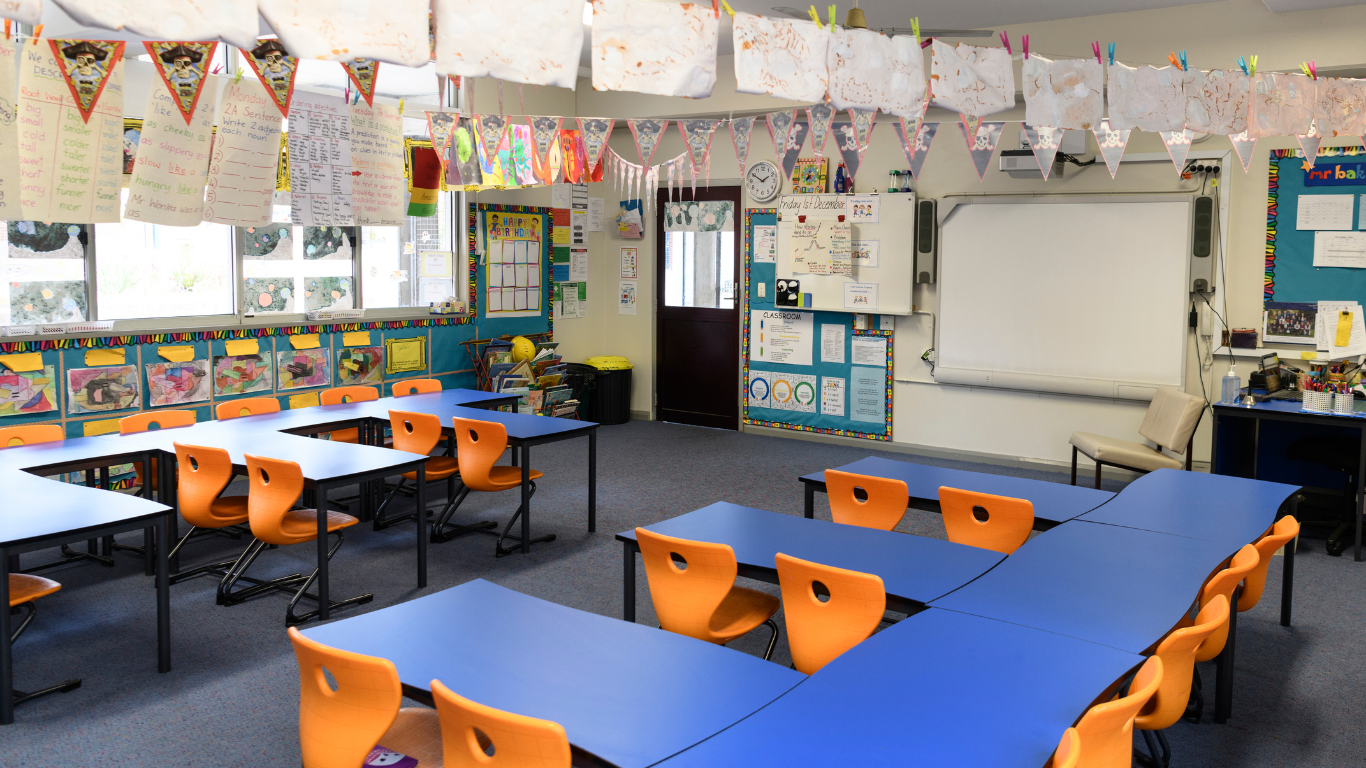 An empty UK primary school form class.